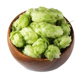 Photo of Fresh green hops in wooden bowl on white background