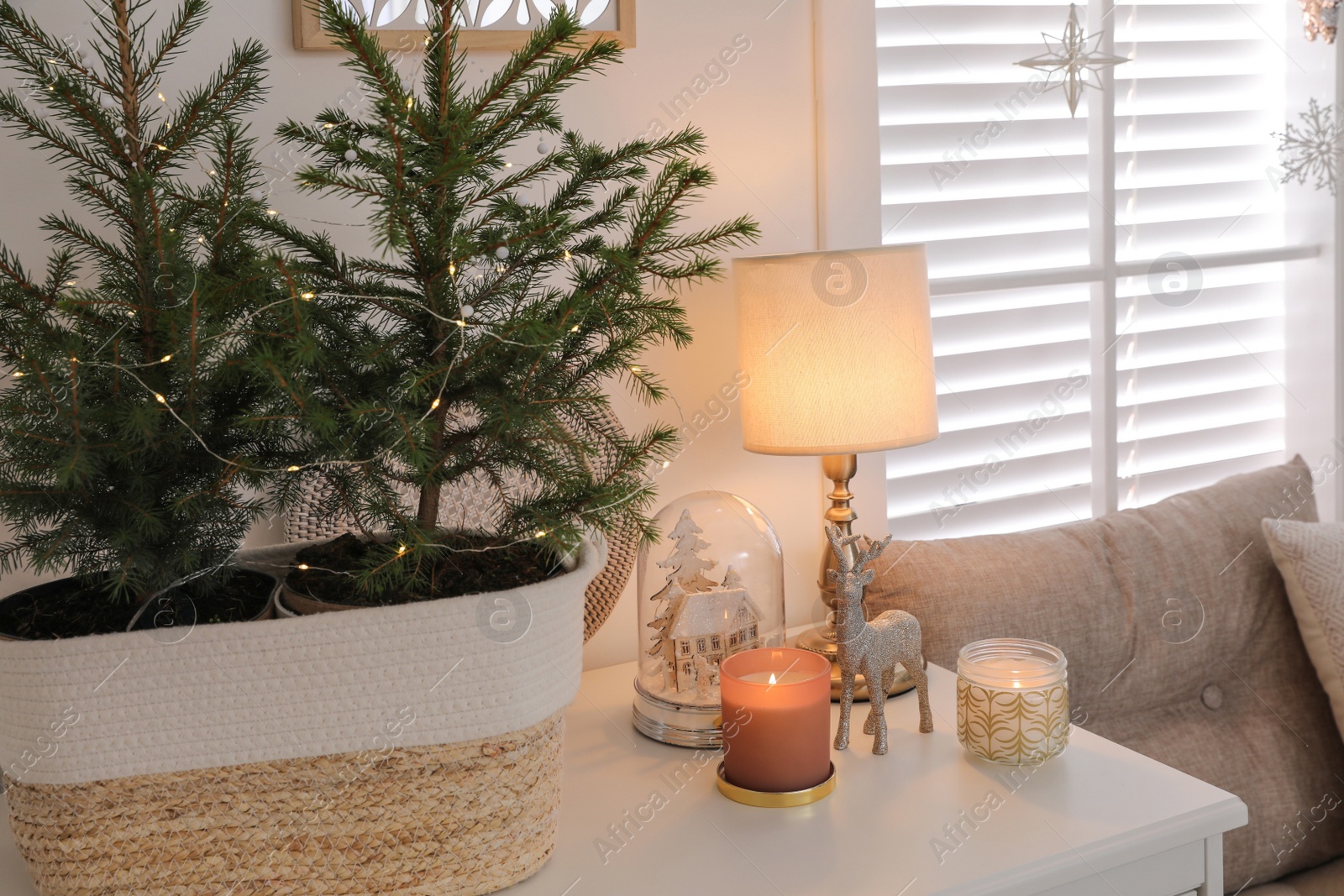 Photo of Beautiful room interior decorated for Christmas with potted firs