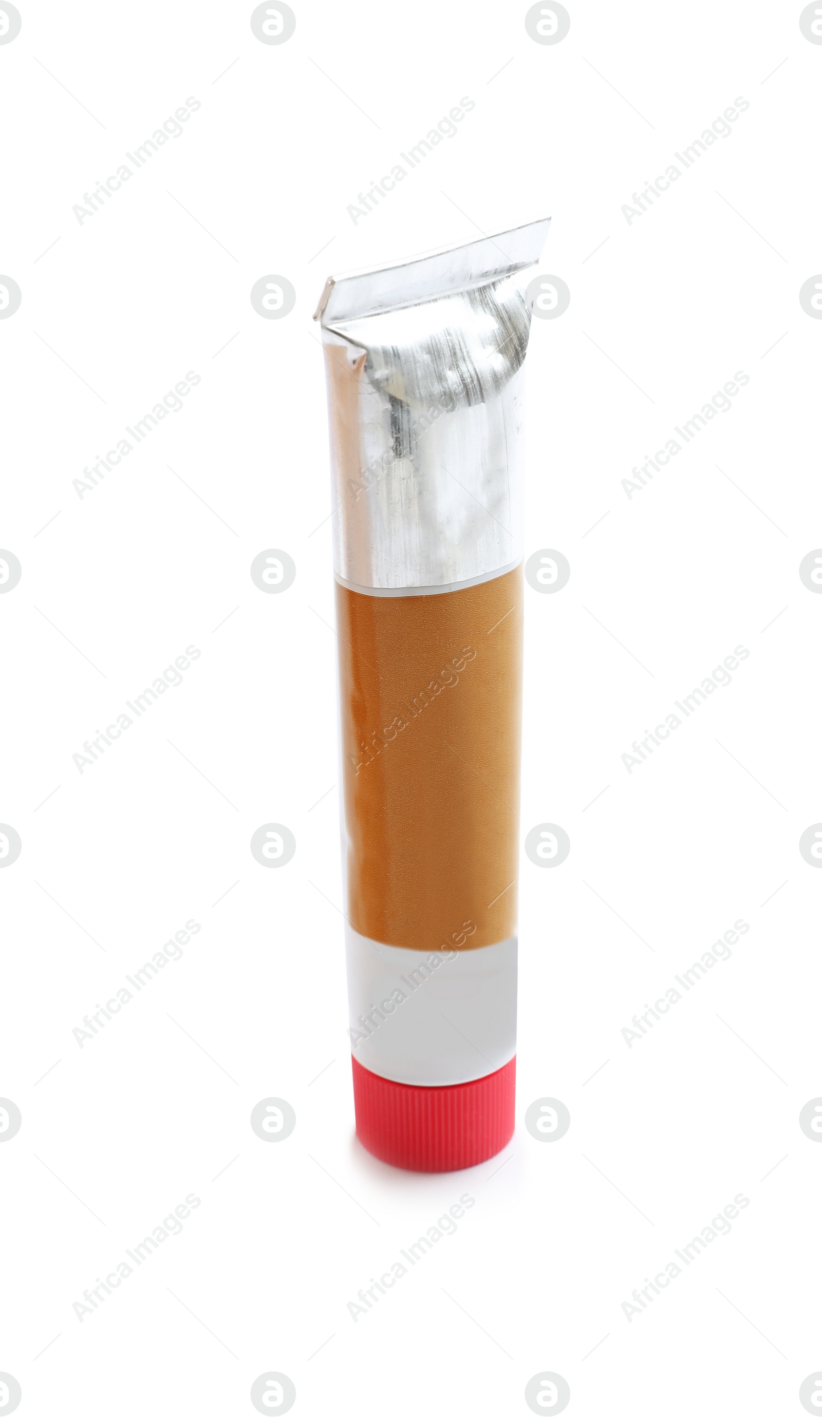 Photo of Tube with acrylic paint on white background. Artistic equipment for children