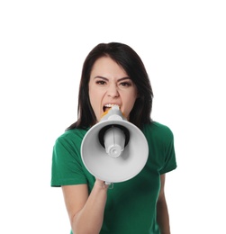 Photo of Portrait of emotional woman using megaphone on white background