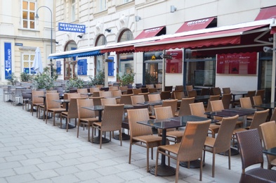 Photo of VIENNA, AUSTRIA - JUNE 18, 2018: Open-air cafe ILTEMPO and restaurant LEVANTE on city street