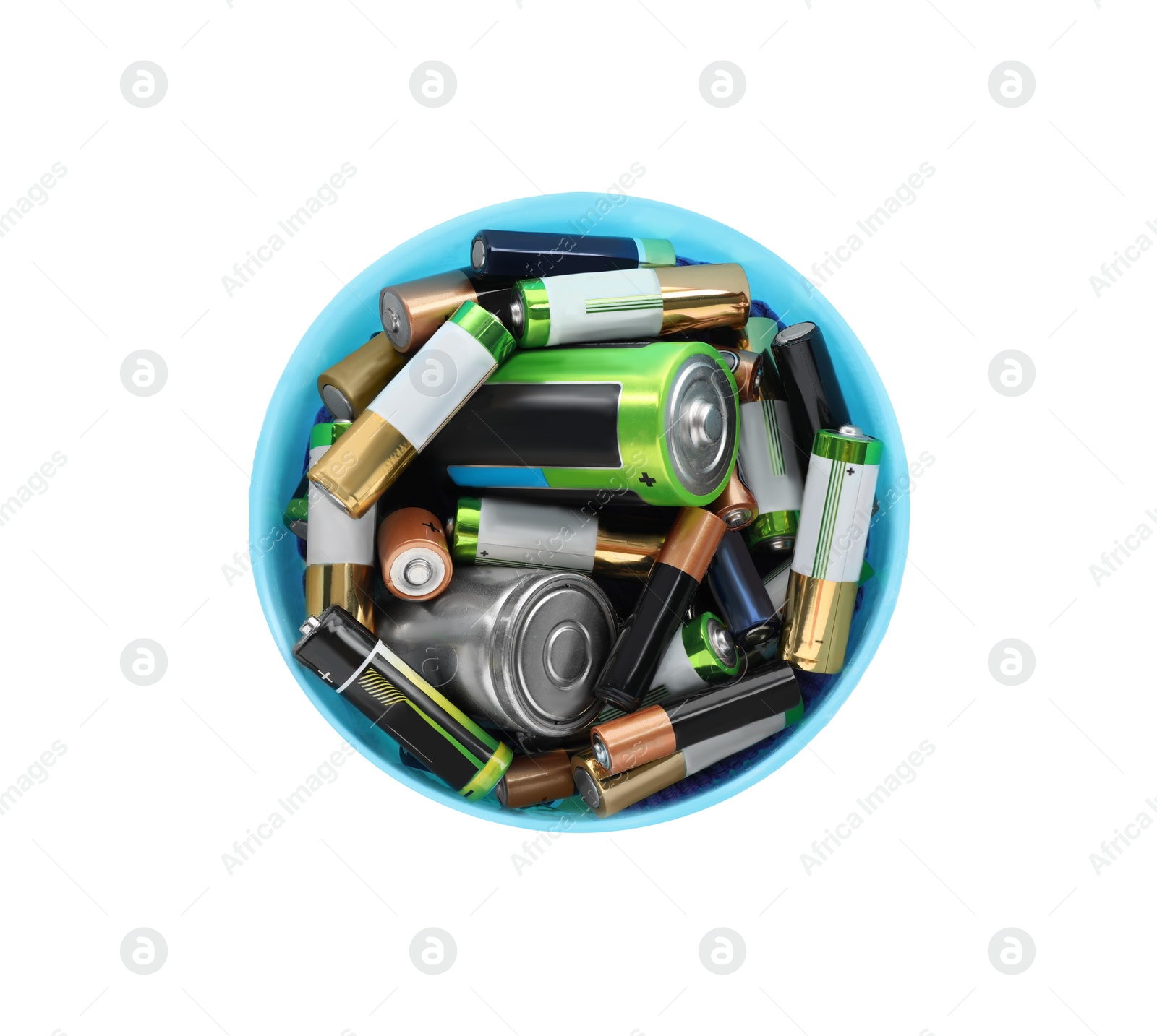 Image of Used batteries in bucket on white background, top view