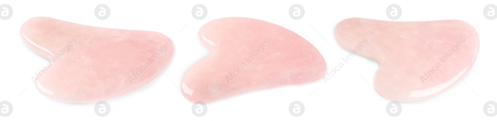 Image of Rose quartz gua sha tools on white background, collage. Banner design