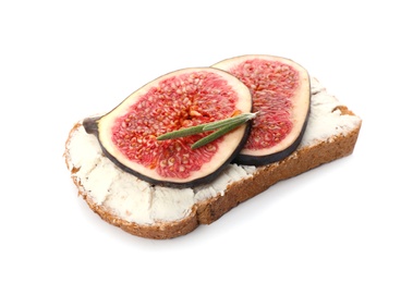 Photo of Sandwich with ripe fig and cream cheese on white background