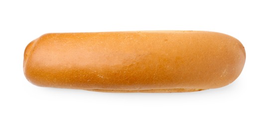 Photo of One fresh hot dog bun isolated on white, top view