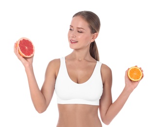 Photo of Slim woman with grapefruit and orange on white background. Healthy diet