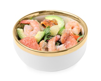 Photo of Delicious pomelo salad with shrimps and avocado isolated on white