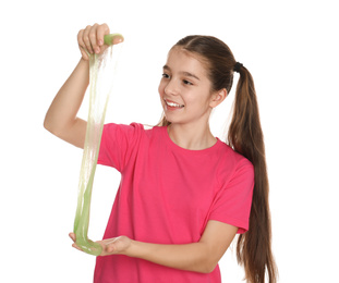 Photo of Preteen girl with slime on white background