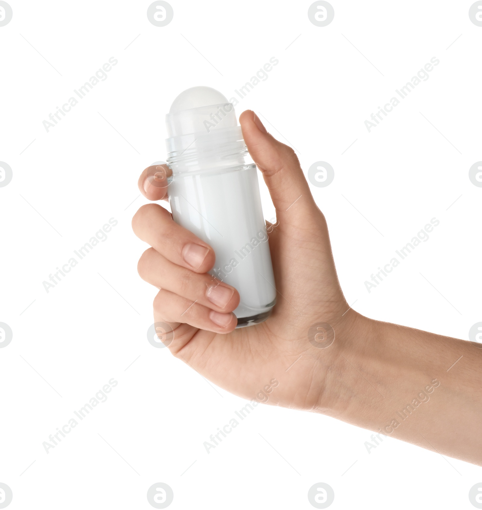 Photo of Woman holding roll-on deodorant on white background, closeup