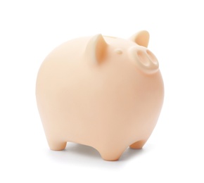 Photo of Cute piggy bank on white background. Money saving