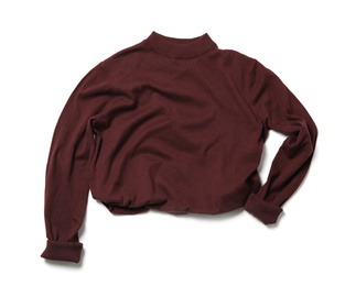 Stylish dark red sweater isolated on white, top view