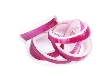 Photo of Fresh slices of red onion on white background