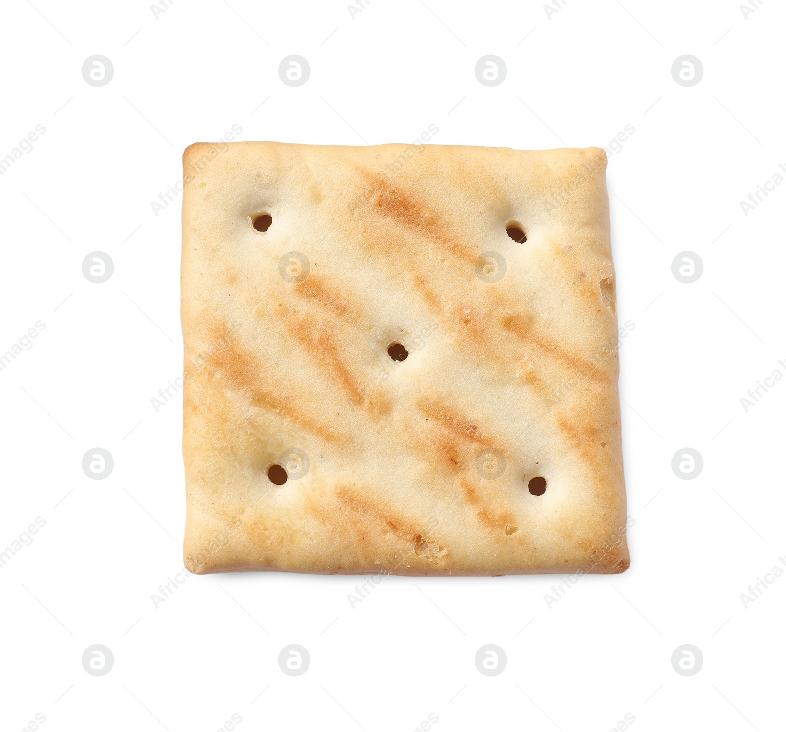 Photo of One crispy cracker isolated on white, top view. Delicious snack