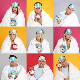 Collage with photos of people wrapped in blankets with alarm clocks on different color backgrounds
