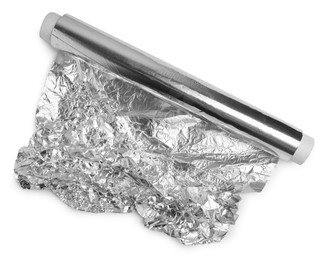 Roll of aluminum foil isolated on white, top view