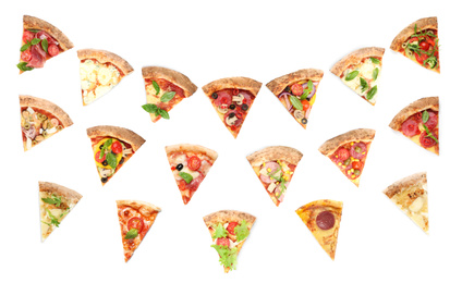 Set with slices of different pizzas on white background, top view 