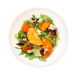 Photo of Delicious persimmon salad arugula and cheese isolated on white, top view