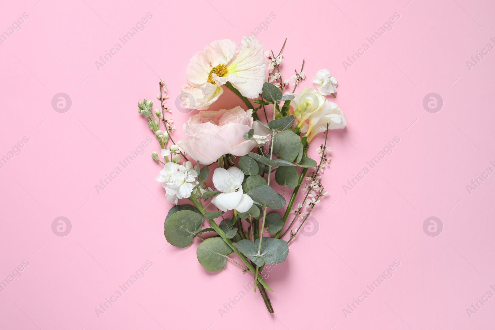 Photo of Different beautiful flowers on pink background, flat lay