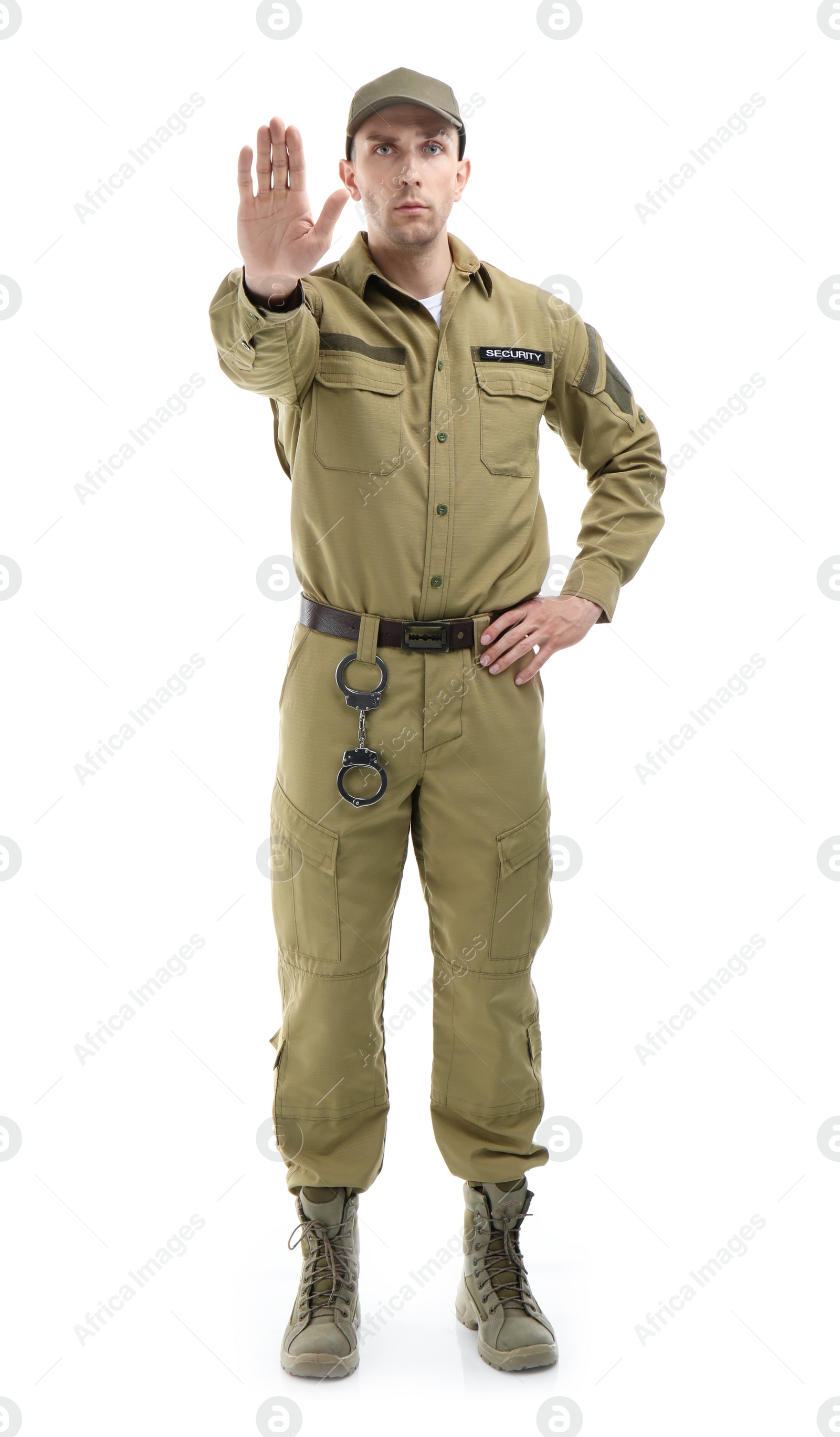 Photo of Male security guard in uniform on white background