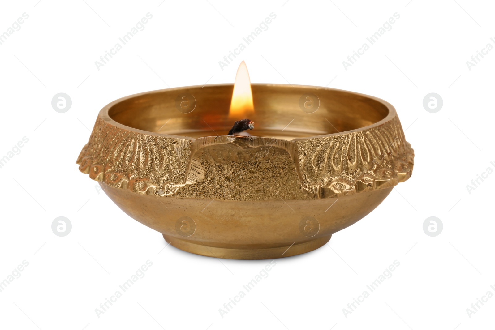 Photo of Lit diya lamp isolated on white. Diwali celebration