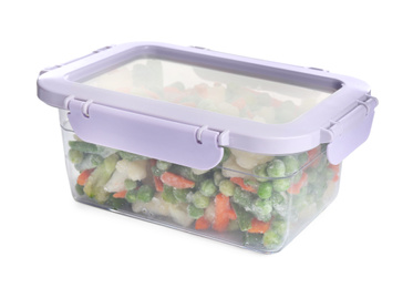 Photo of Frozen vegetables in plastic container isolated on white