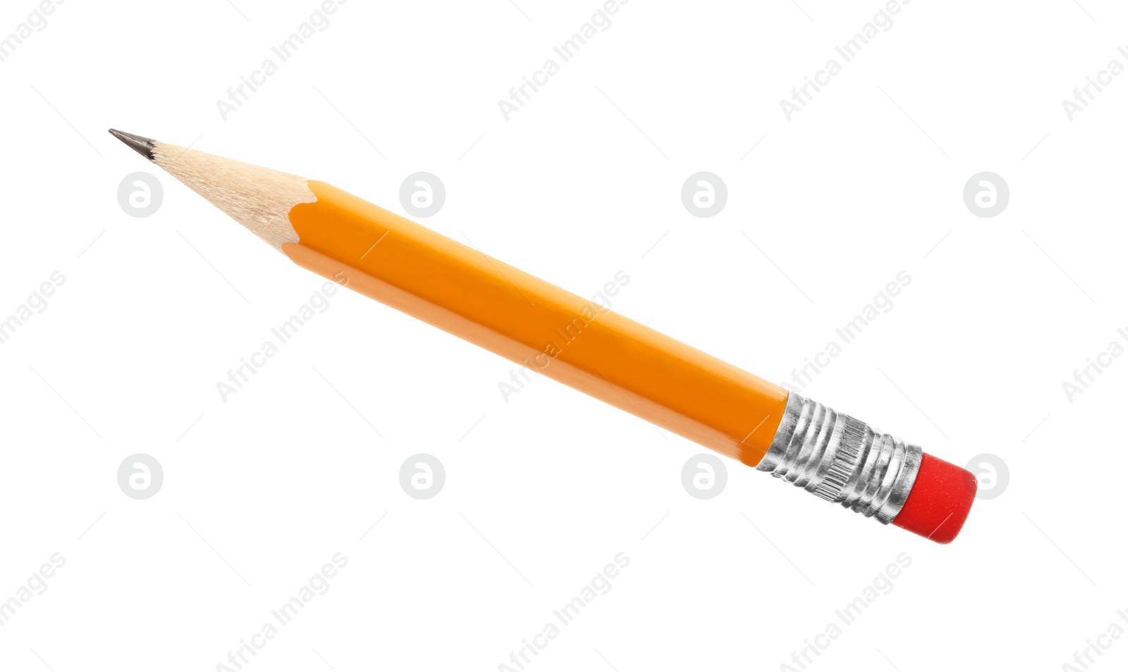 Photo of Short graphite pencil with eraser isolated on white. School stationery