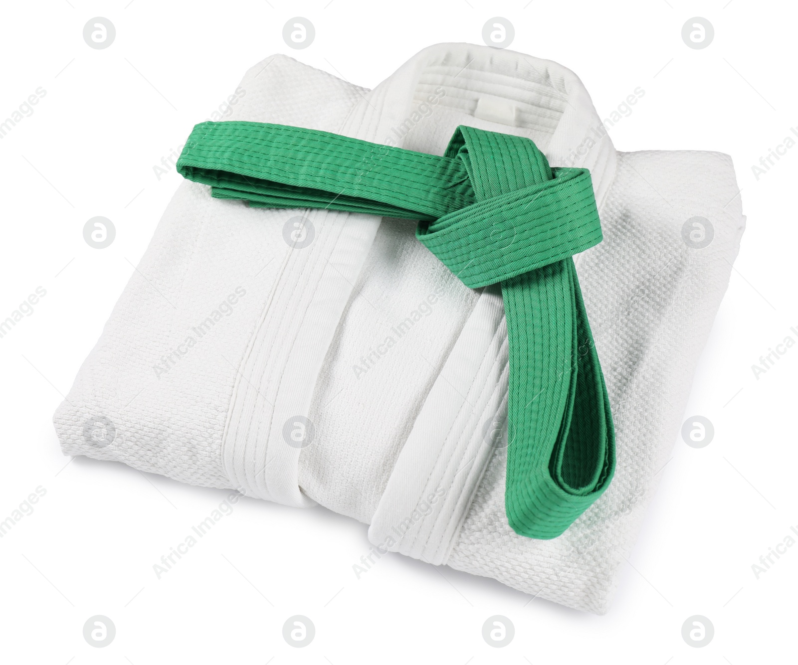 Photo of Green karate belt and kimono isolated on white