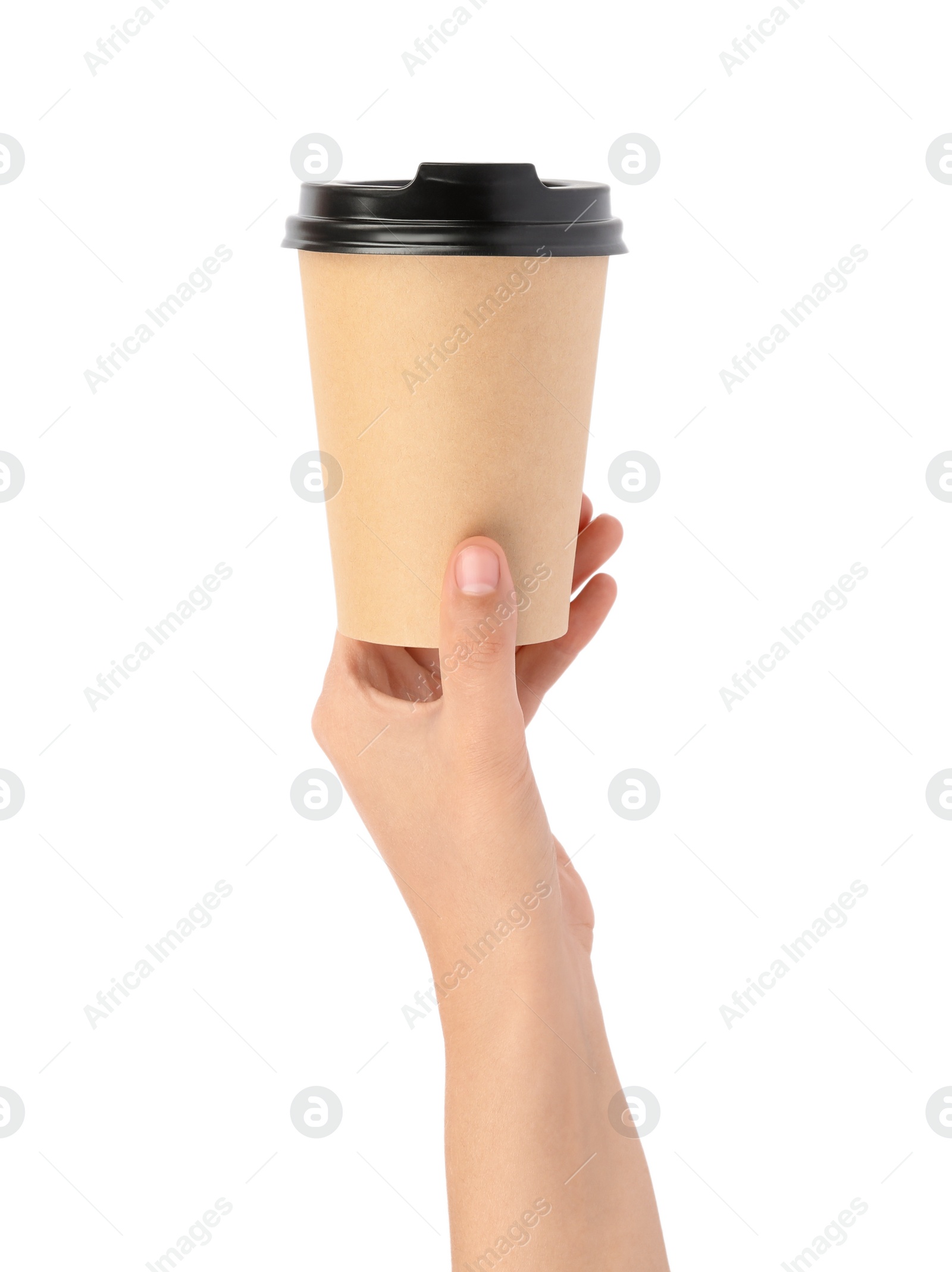 Photo of Woman holding takeaway paper coffee cup on white background, closeup