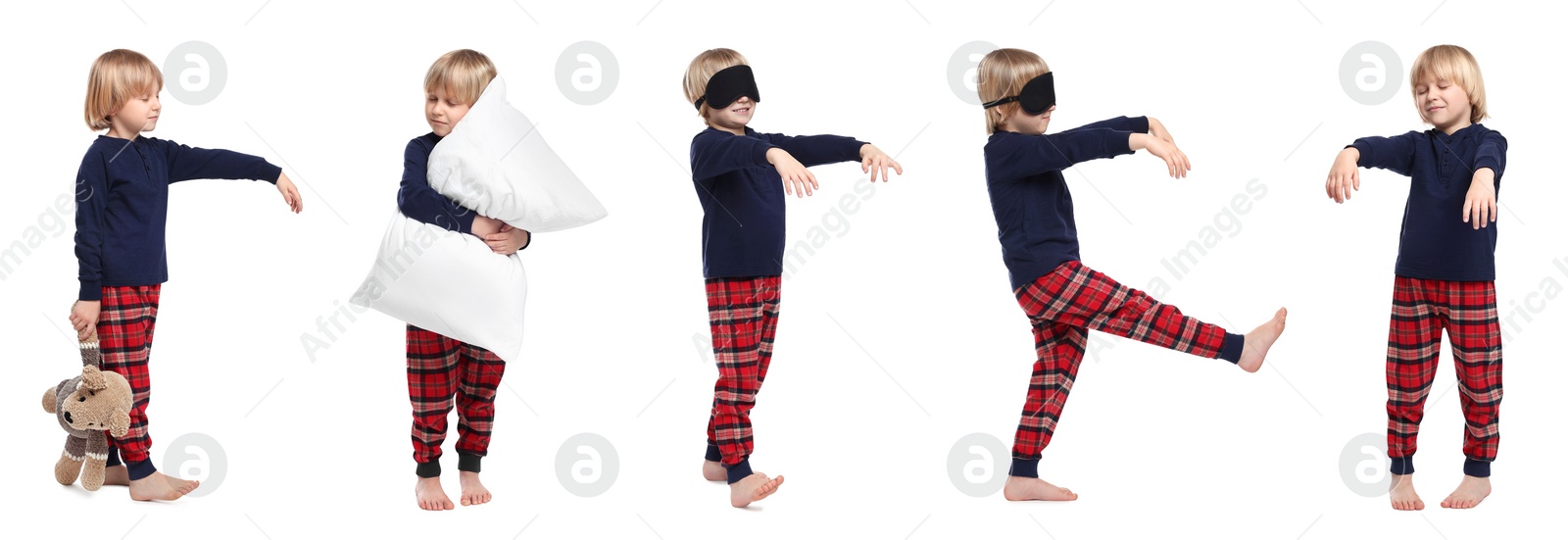 Image of Collage with photos of boy sleepwalking on white background