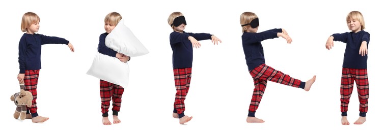 Collage with photos of boy sleepwalking on white background