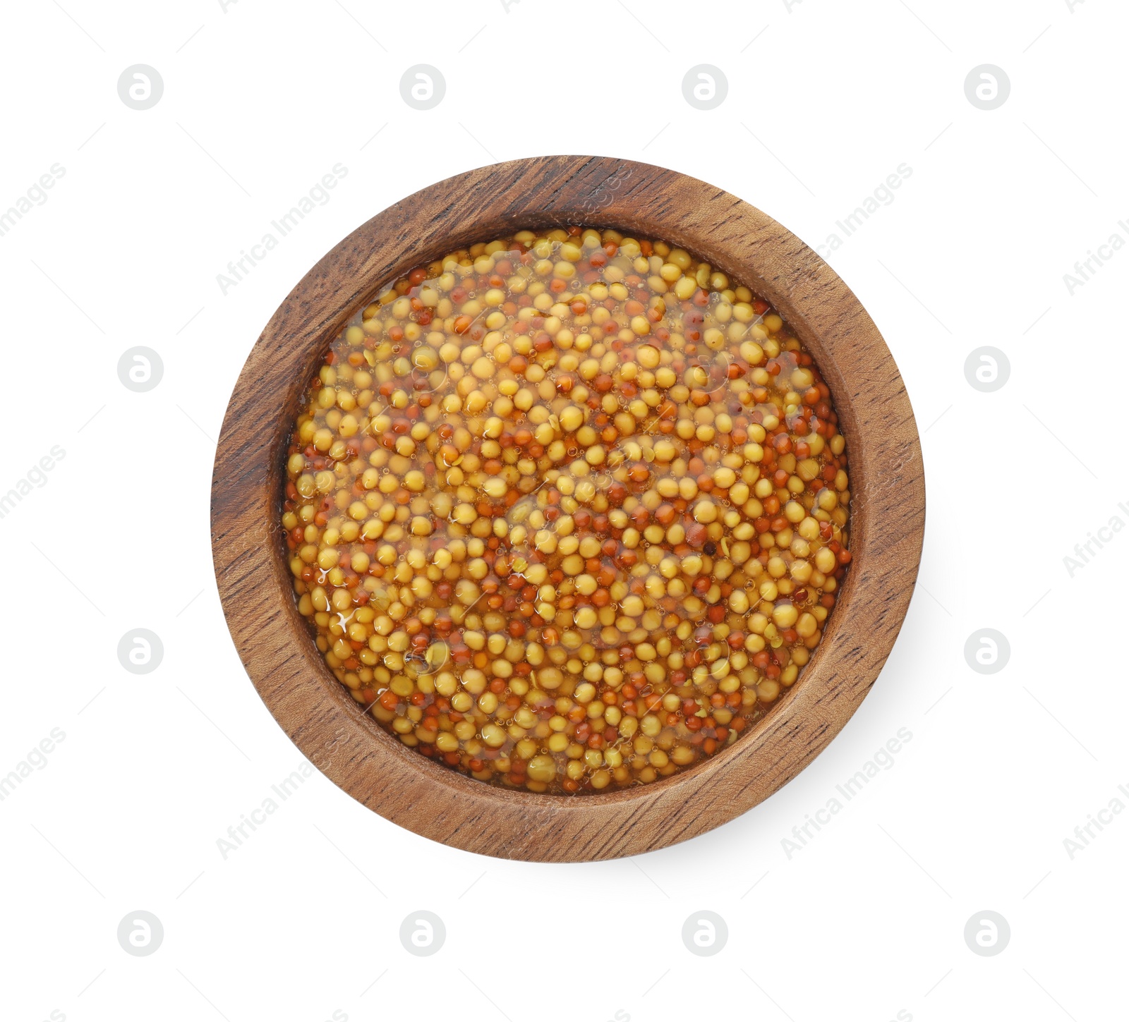 Photo of Fresh whole grain mustard in bowl isolated on white, top view