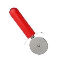 Photo of New pizza cutter with red handle isolated on white