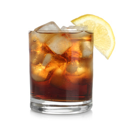 Photo of Tasty cola with ice cubes and lemon isolated on white