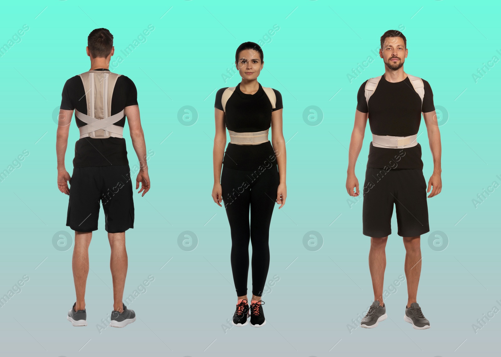 Image of Collage with photos of people with orthopedic corsets on color background