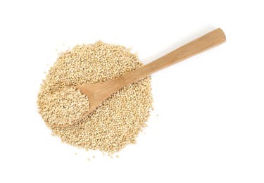 Wooden spoon and quinoa on white background, top view