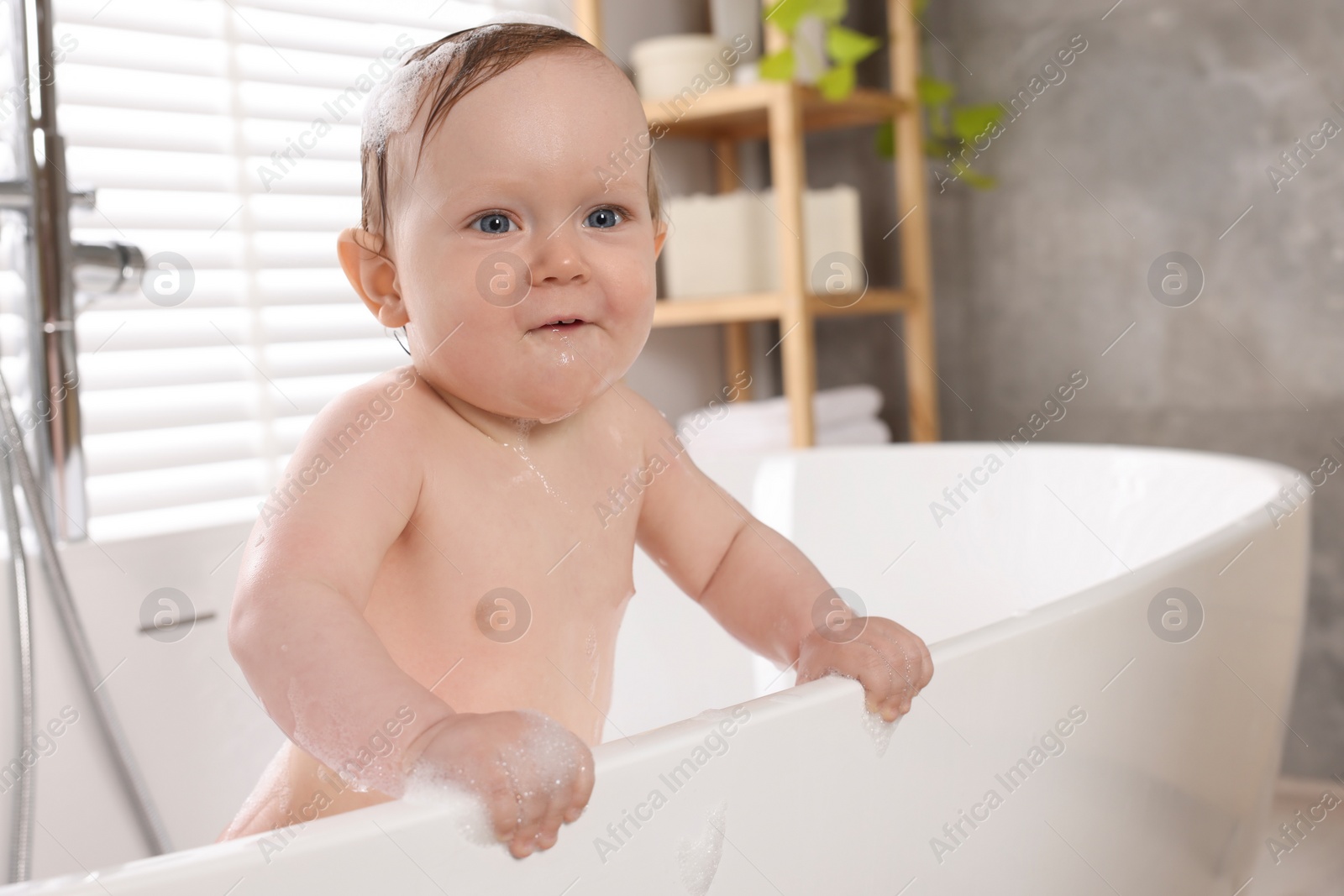 Photo of Cute little baby taking foamy bath at home, space for text