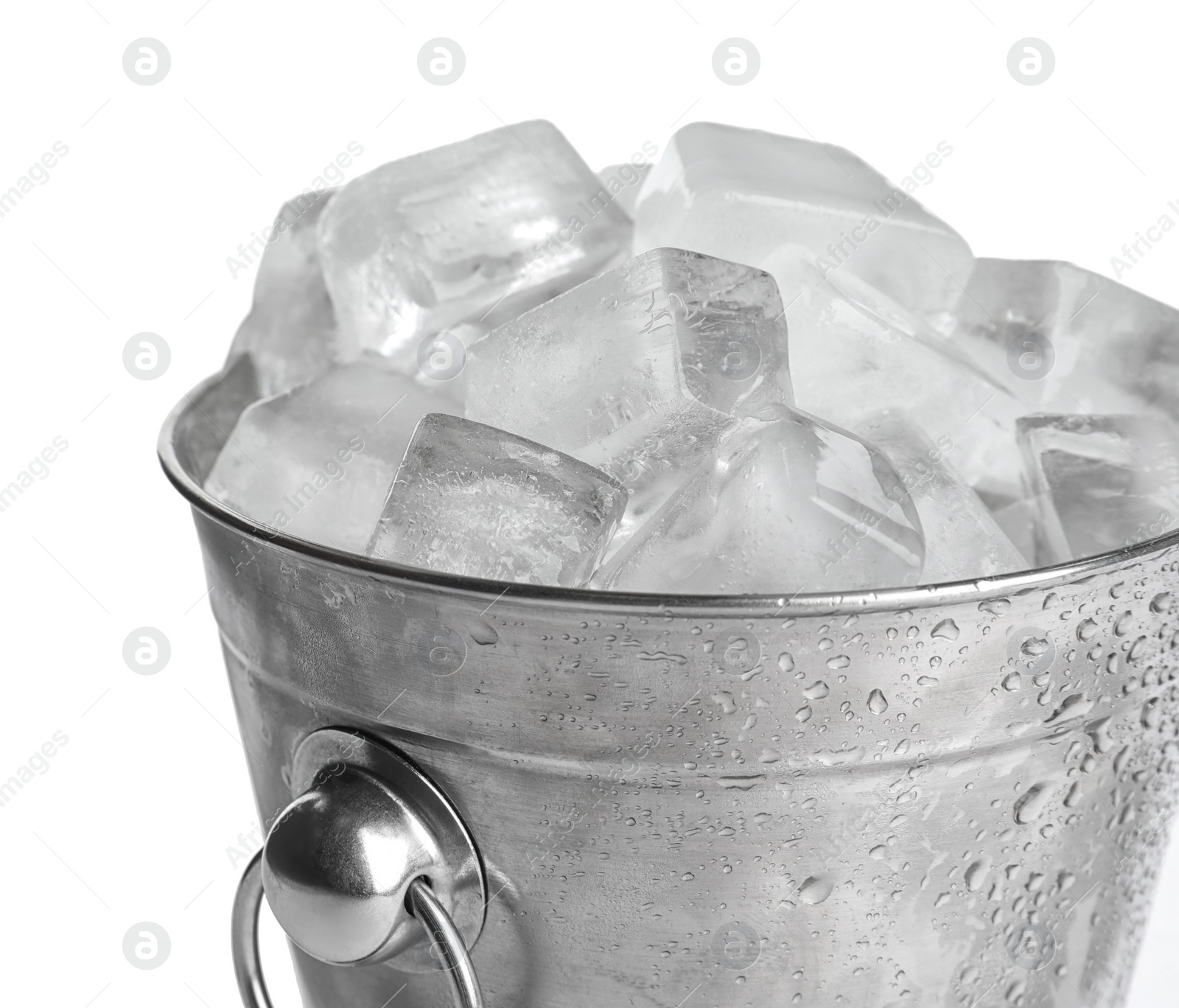 Photo of Metal bucket with ice cubes isolated on white