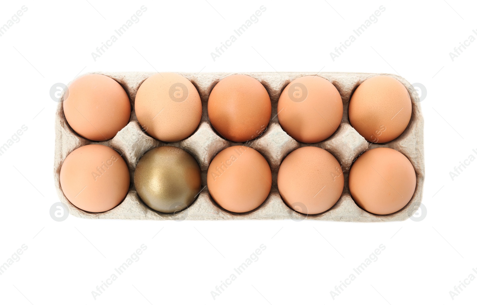 Photo of One golden egg among others in carton on white background , top view