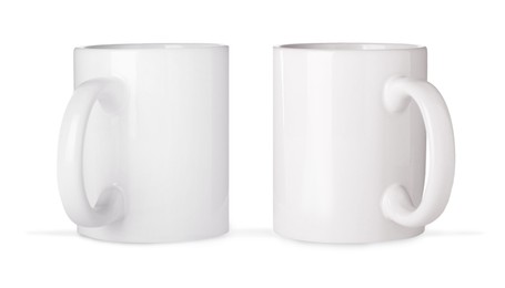 Image of Ceramic mugs on white background, collage. Banner design