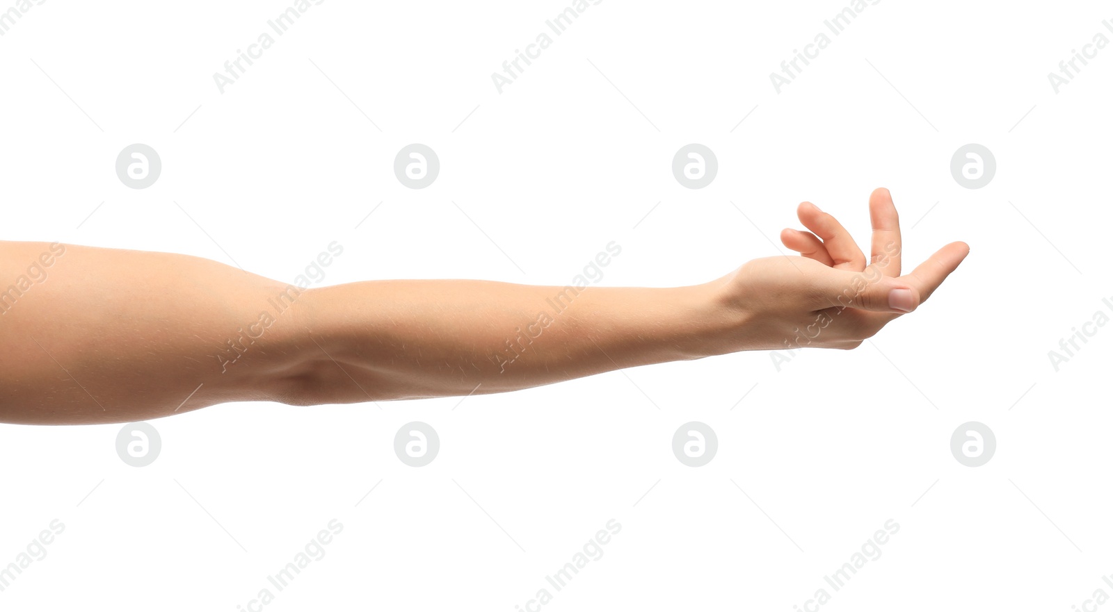 Photo of Young man held out hand on white background, closeup