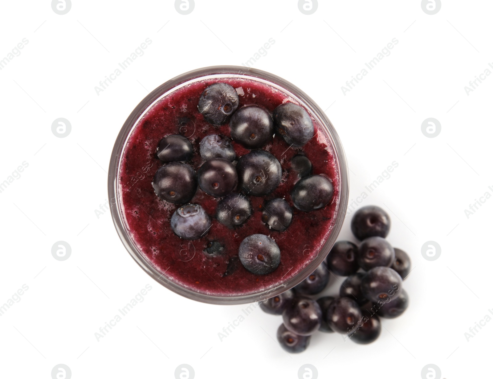 Photo of Glass with delicious acai smoothie on white background