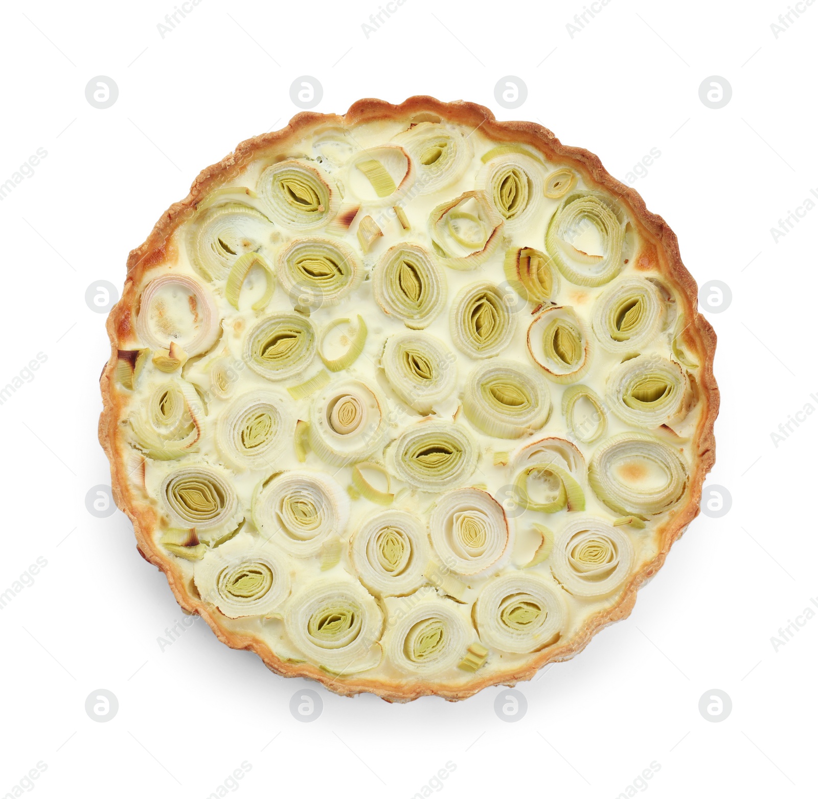 Photo of Freshly baked leek pie isolated on white, top view