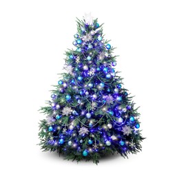 Image of Christmas tree decorated with ornaments and festive lights isolated on white