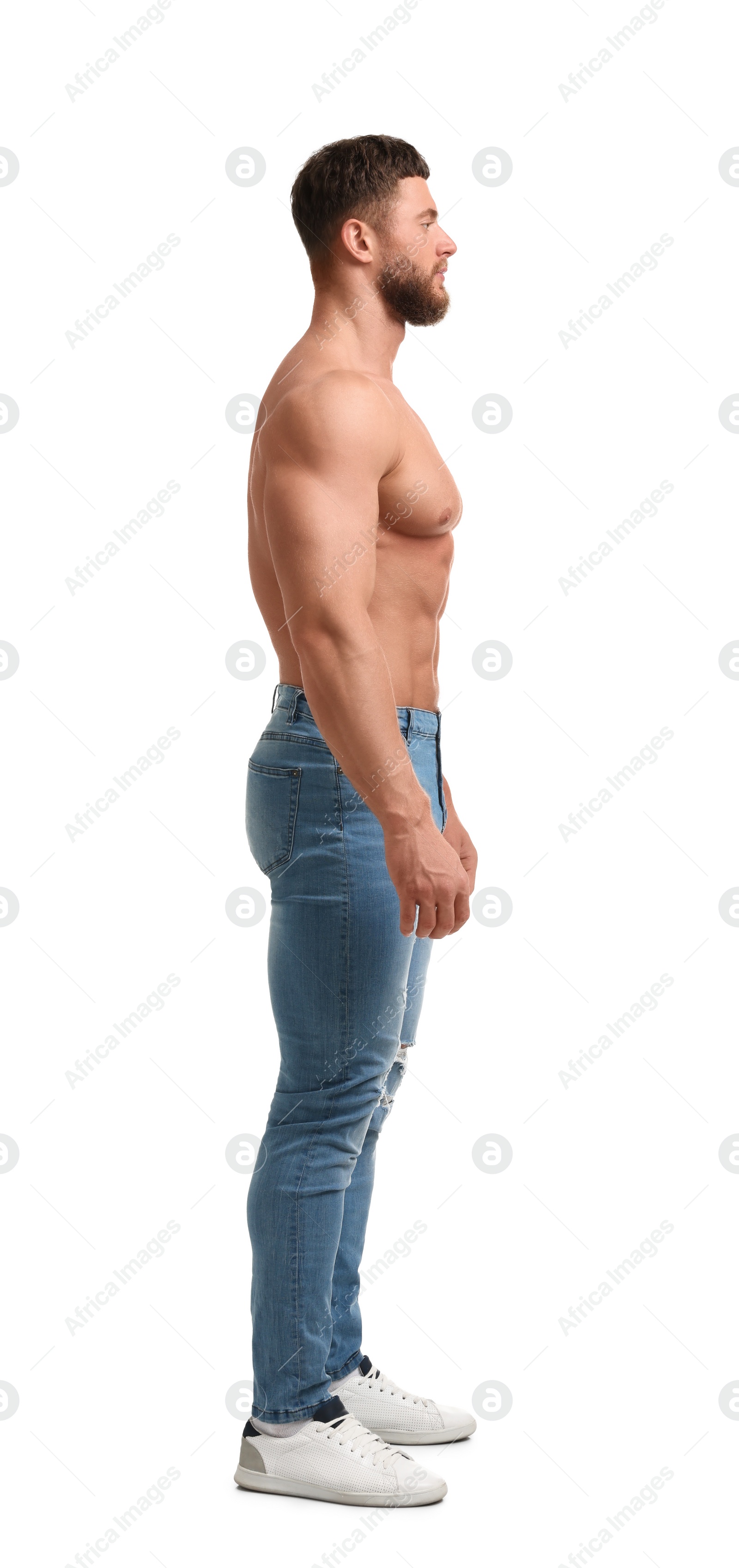 Photo of Handsome muscular man isolated on white. Sexy body