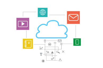 Illustration of  digital cloud with different icons on white background. Modern technology concept 