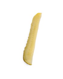Photo of Piece of tasty pickled cucumber on white background, top view
