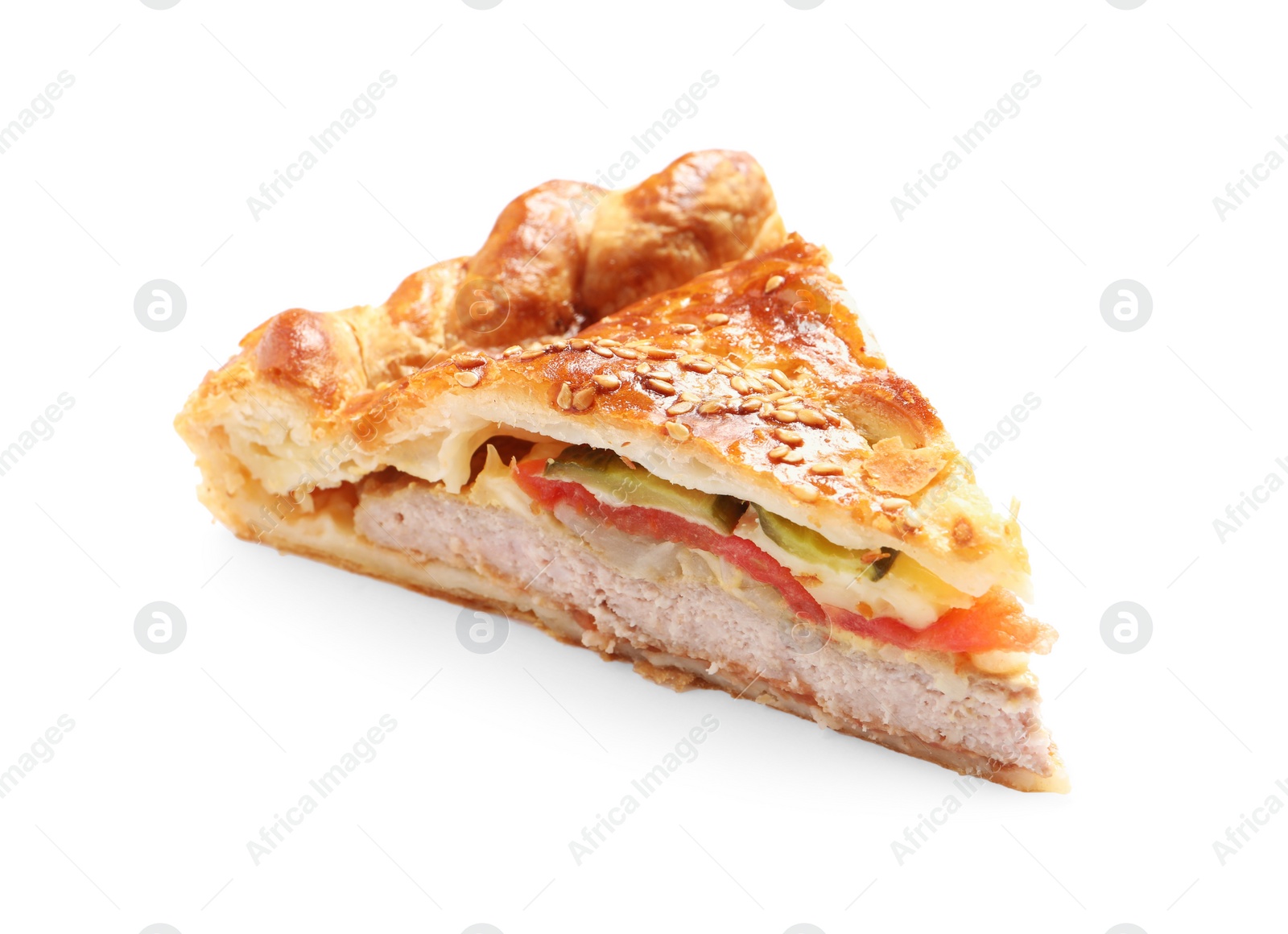 Photo of Piece of tasty homemade pie with filling isolated on white