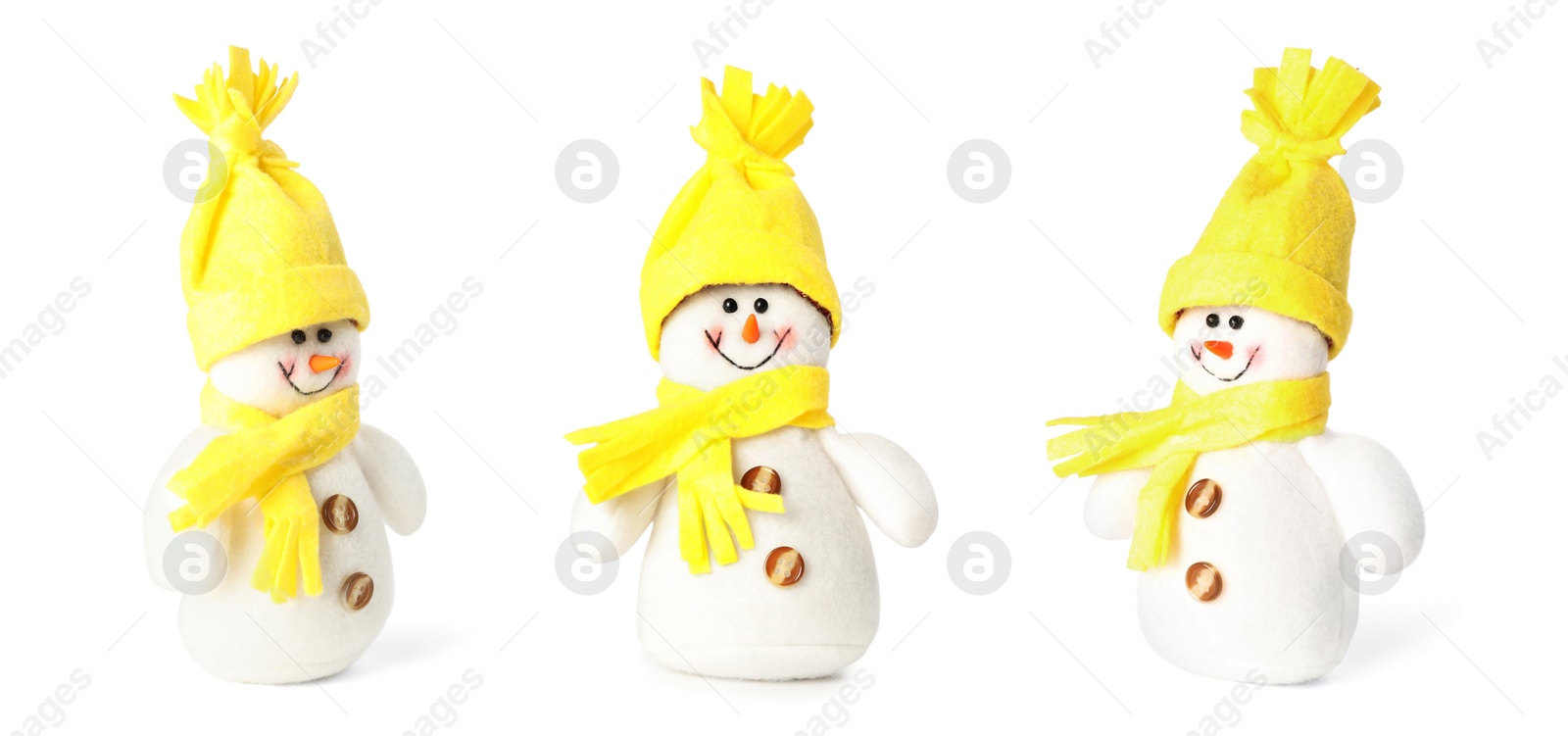 Image of Set with cute small snowman toys on white background. Banner design