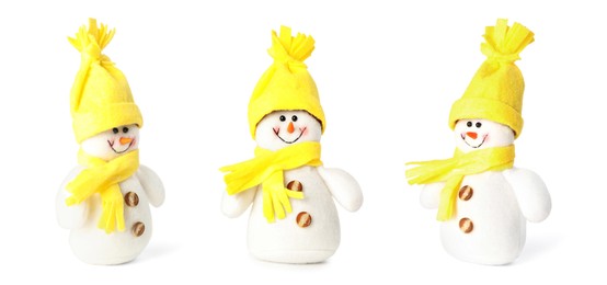 Image of Set with cute small snowman toys on white background. Banner design