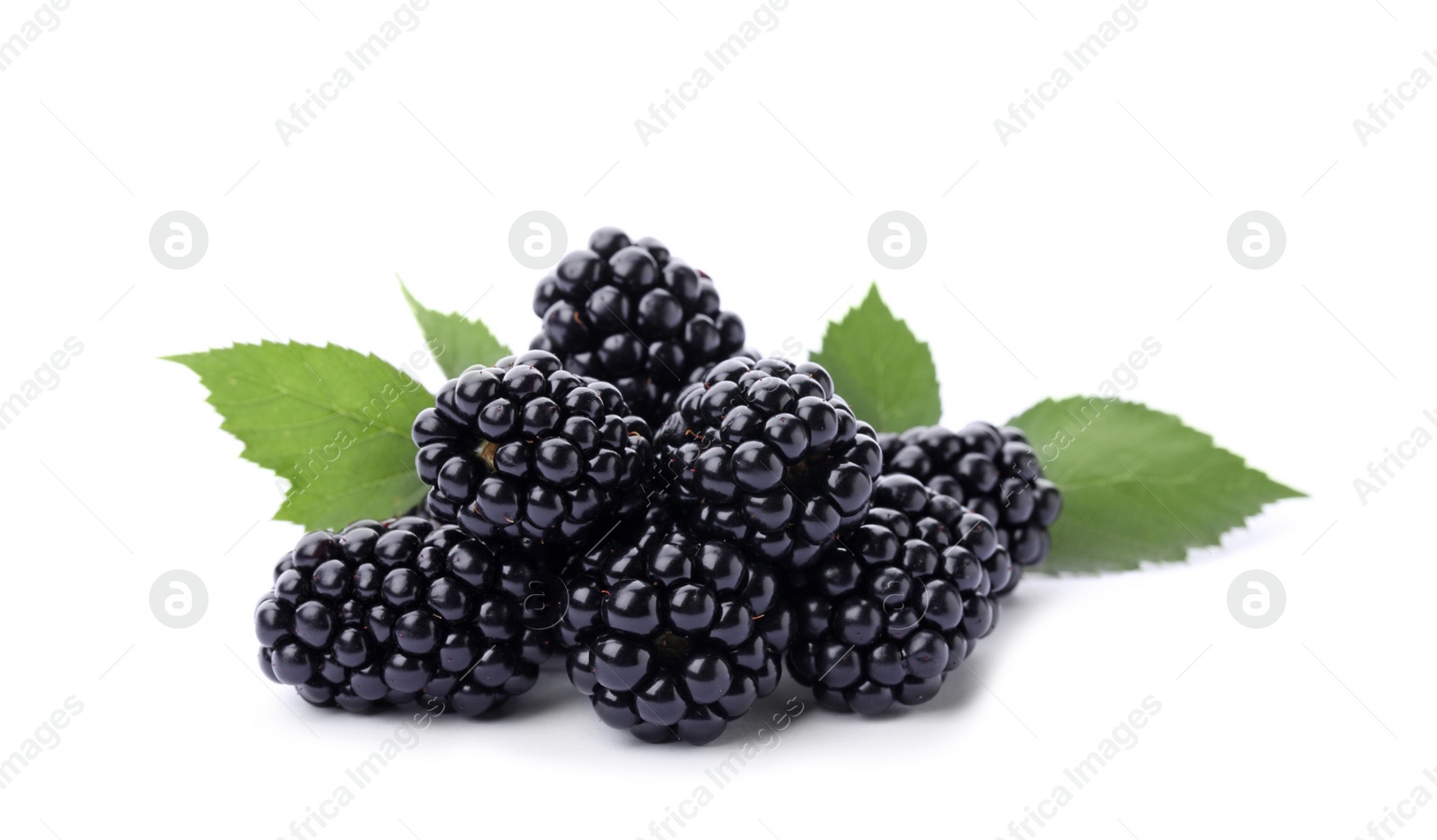 Photo of Pile of tasty ripe blackberries with green leaves on white background